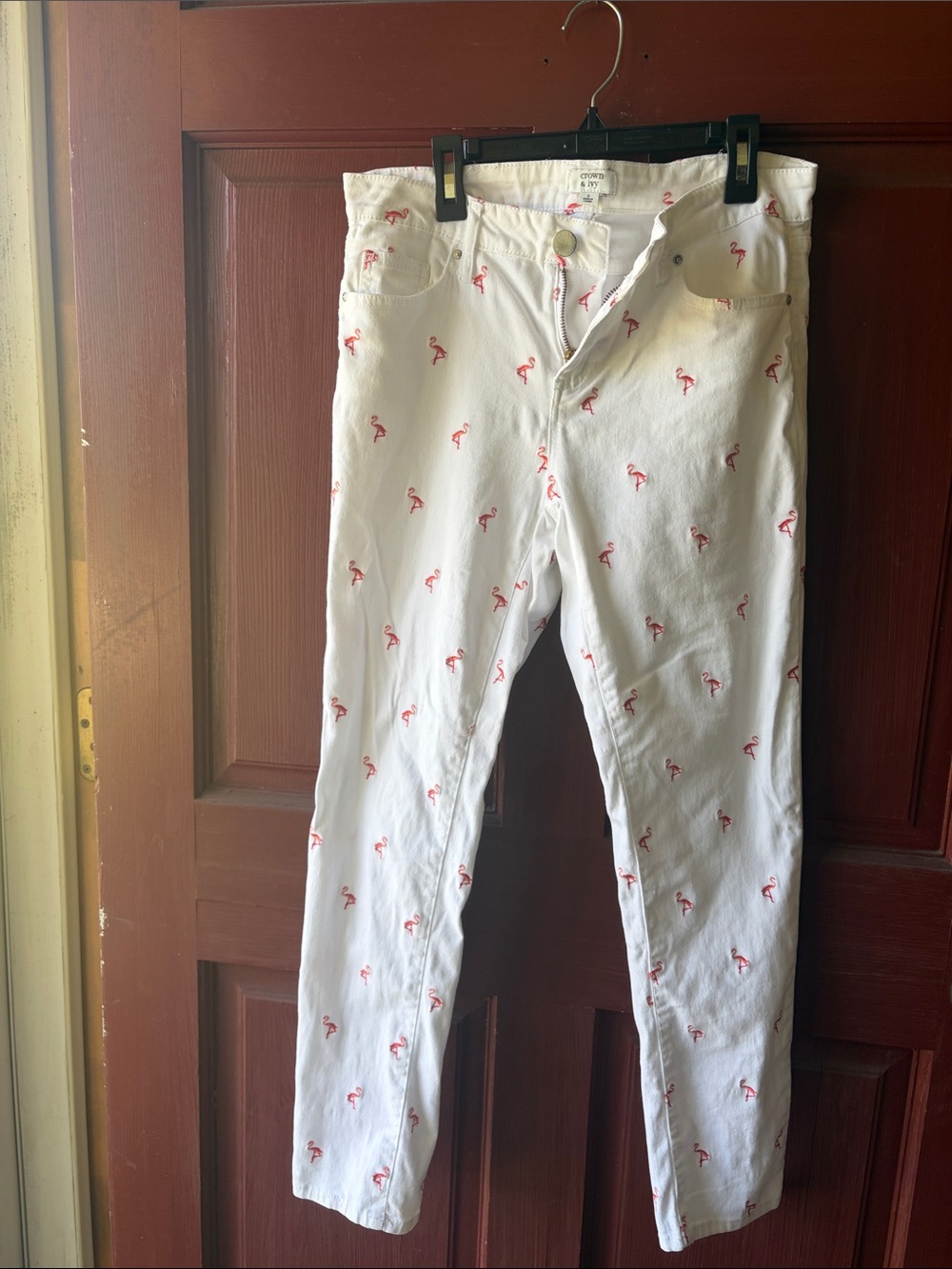 White Skinny Jeans with Coral colored Flamingo Embroidery